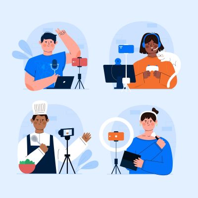 Hand-Drawn Content Creators & Bloggers Illustration – Flat Design Vector